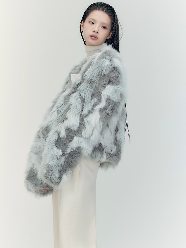 Fur Eleagnt Bi-Color No-Collar Jacket