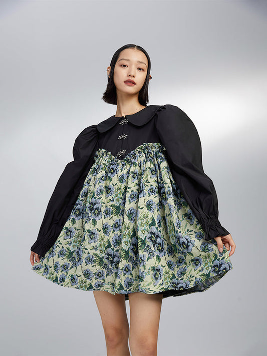 Doll Collar Floral High Waist Shirt Dress