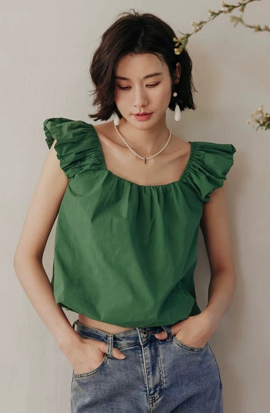 Flutter Sleeve Tie Back Top in Green