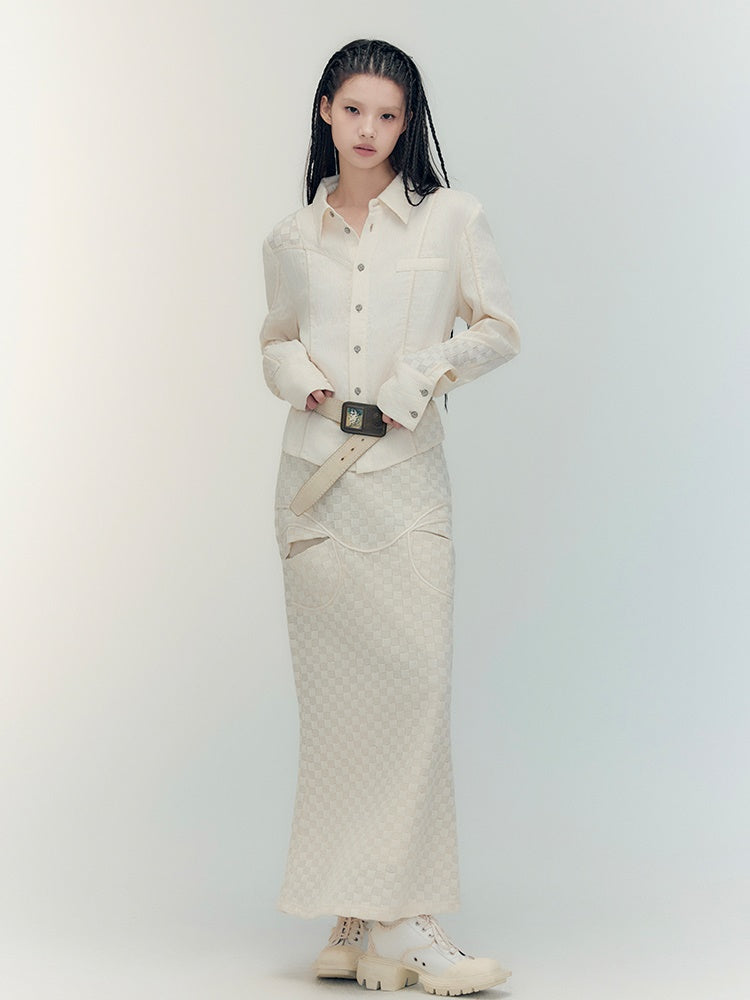 Fishtail Patchwork Chedked Chic Shirt＆Long-Skirt