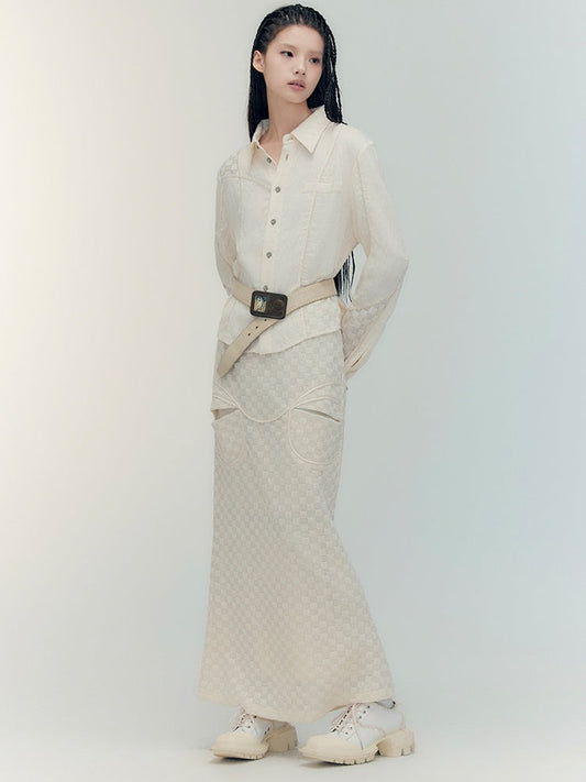 Fishtail Patchwork Chedked Chic Shirt＆Long-Skirt