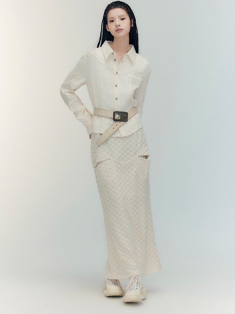 Fishtail Patchwork Chedked Chic Shirt＆Long-Skirt