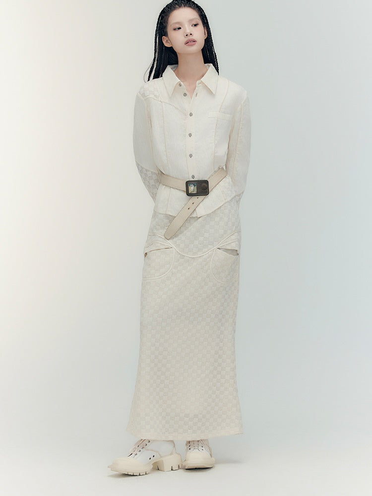 Fishtail Patchwork Chedked Chic Shirt＆Long-Skirt