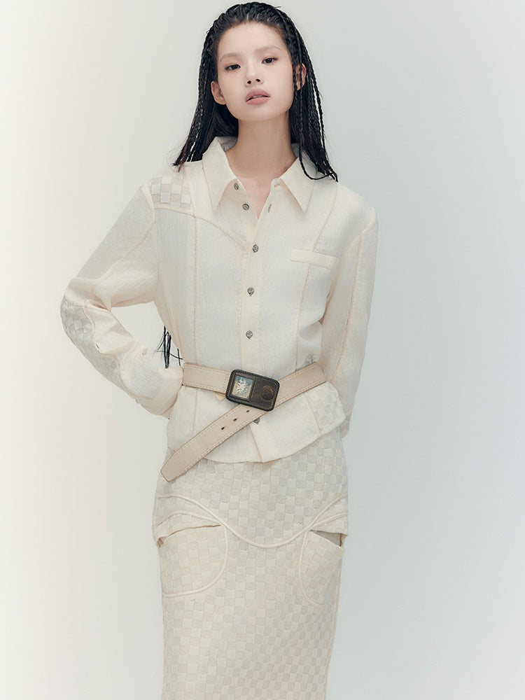 Fishtail Patchwork Chedked Chic Shirt＆Long-Skirt