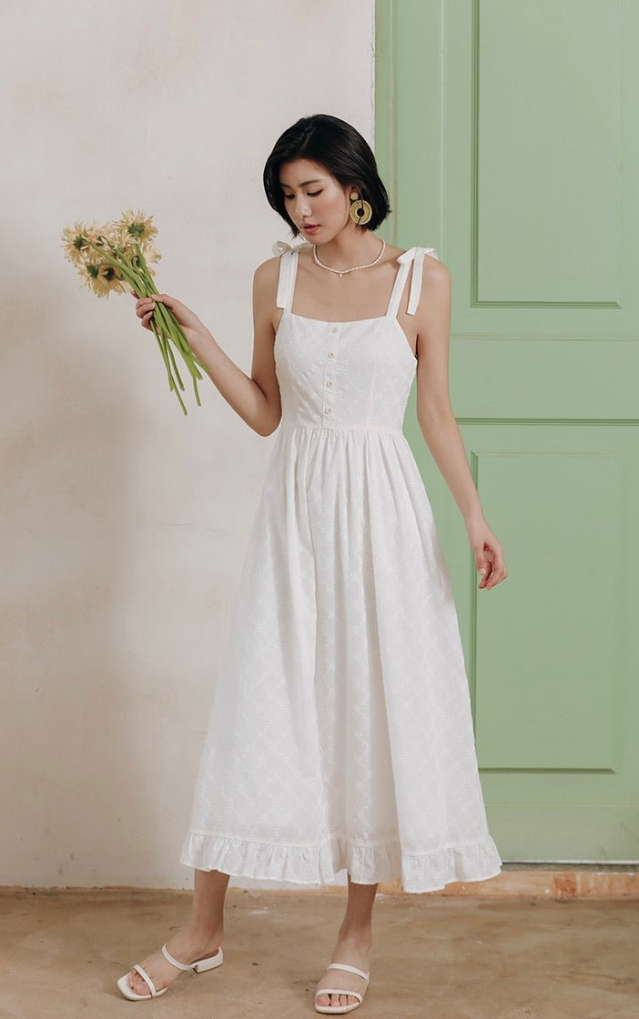 Eyelet Tie Strap Sun Dress in White