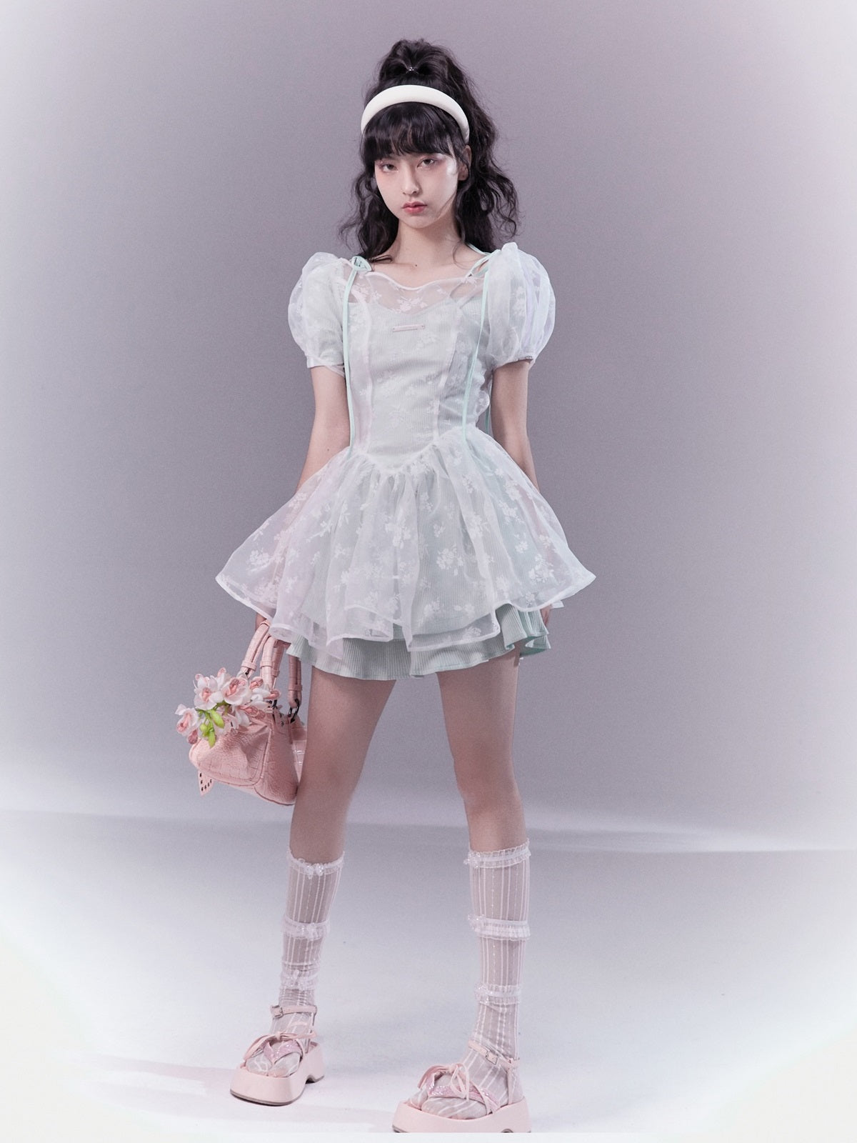 Floral Puff-sleeve Lace One-piece