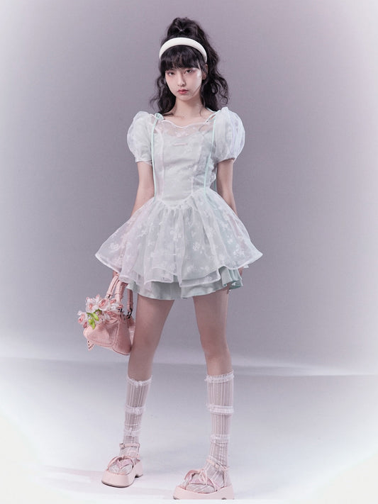 Floral Puff-sleeve Lace One-piece