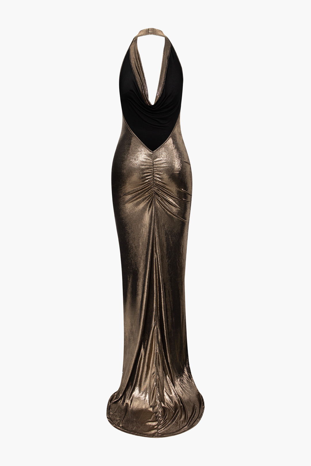 Metallic Cowl Neck Halter Backless Maxi Dress