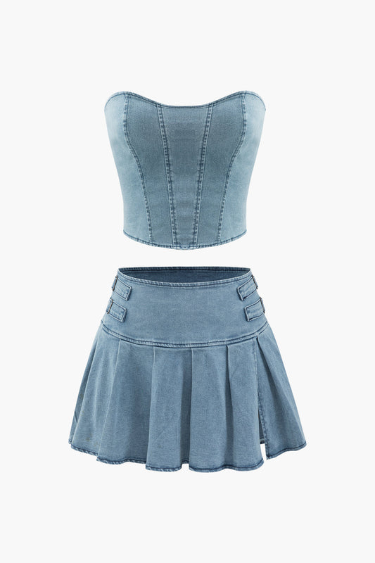 Denim Strapless Top And Pleated Mini Skirt Set