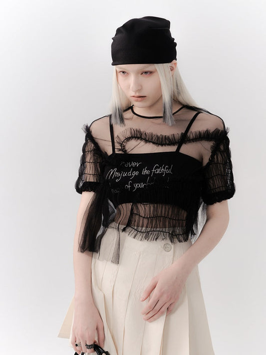 See-through Gather Lace Mesh Blouse