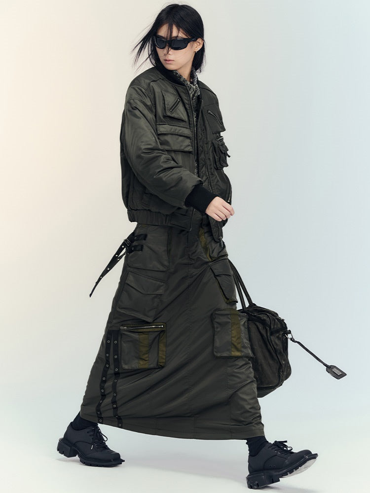 Military Casual Side-Pocket Handsome Ma1＆Flare-Skirt