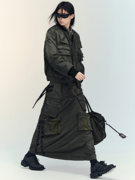 Military Casual Side-Pocket Handsome Ma1＆Flare-Skirt