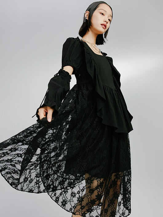 Detachable Sleeve Black Irregular Dress