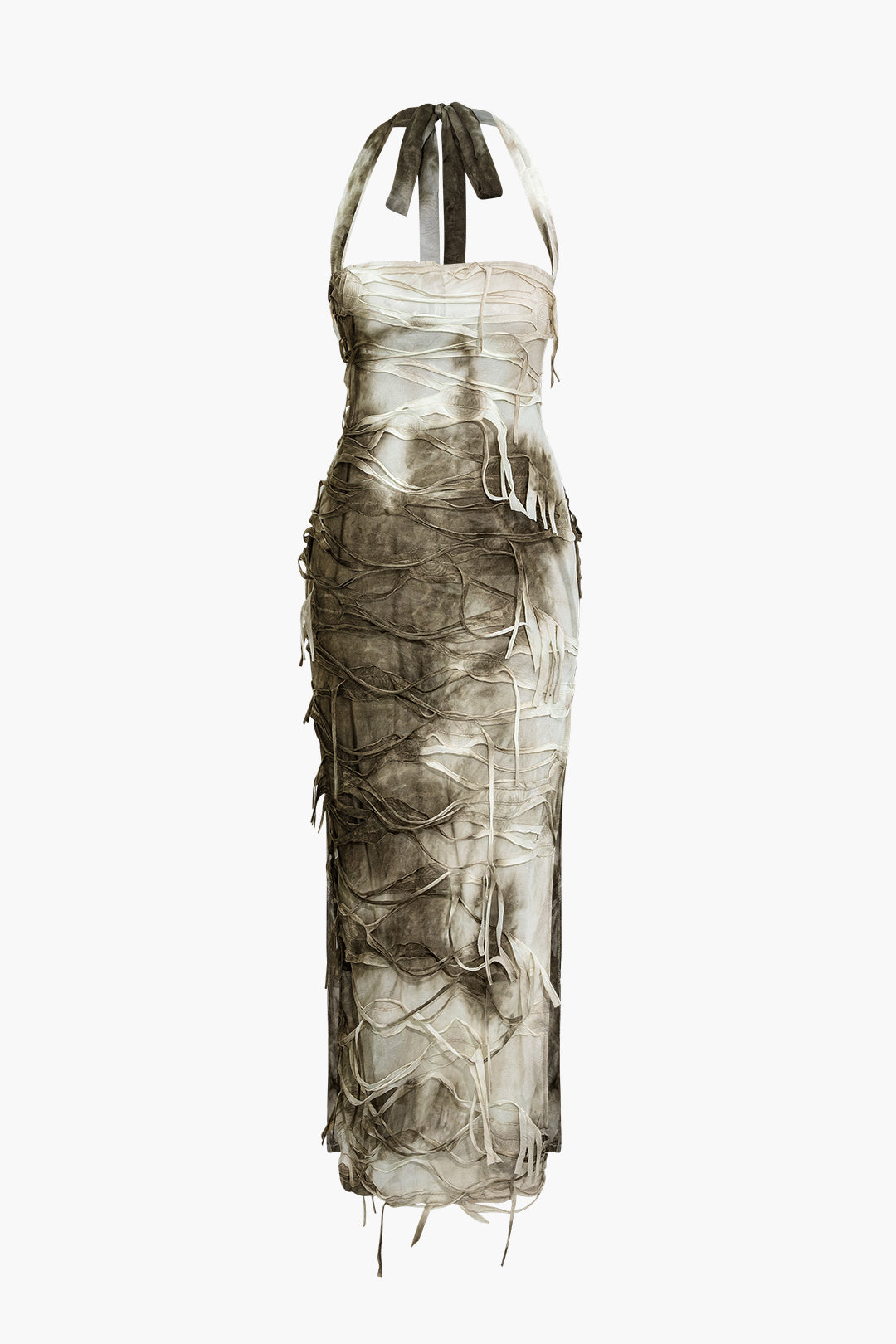 Tie Dye Distressed Mesh Slit Halter Maxi Dress