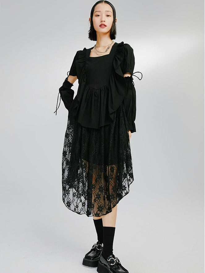 Detachable Sleeve Black Irregular Dress