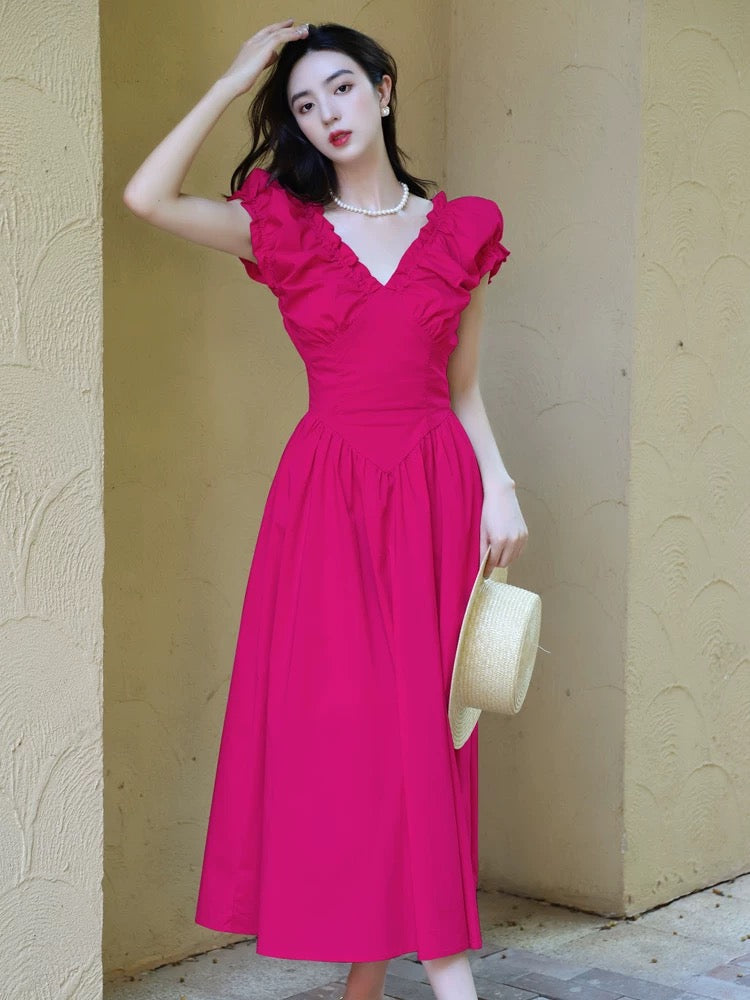 Puff Sleeve Pocket Maxi Dress in Hot Pink