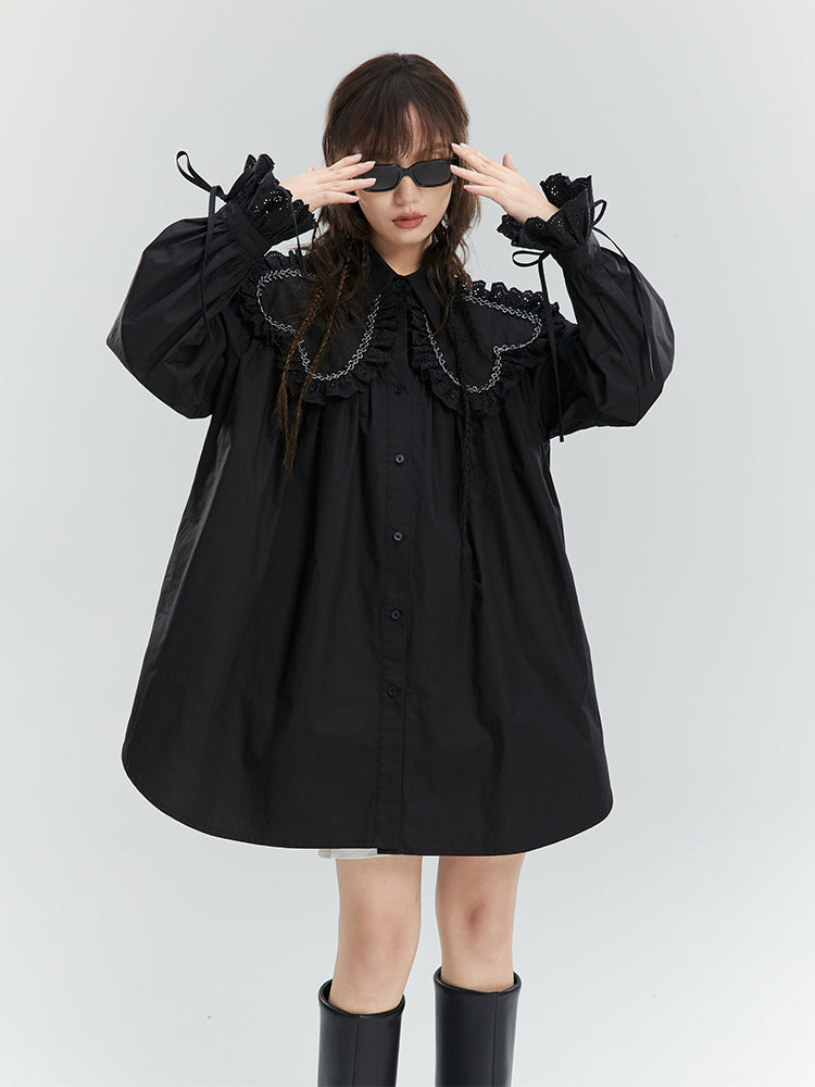 Frill Lace Loose Drawstring Shirt Onepiece