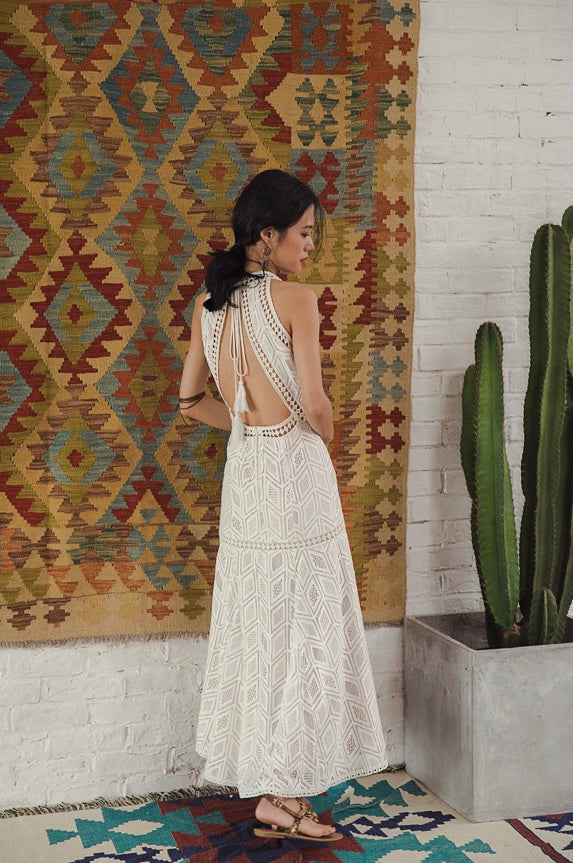 Cutout Back Lace Slit Maxi Dress in White