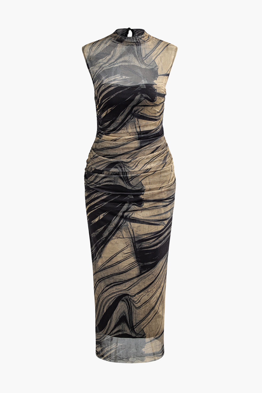 Abstract Print Mock Neck Mesh Ruched Sleeveless Maxi Dress