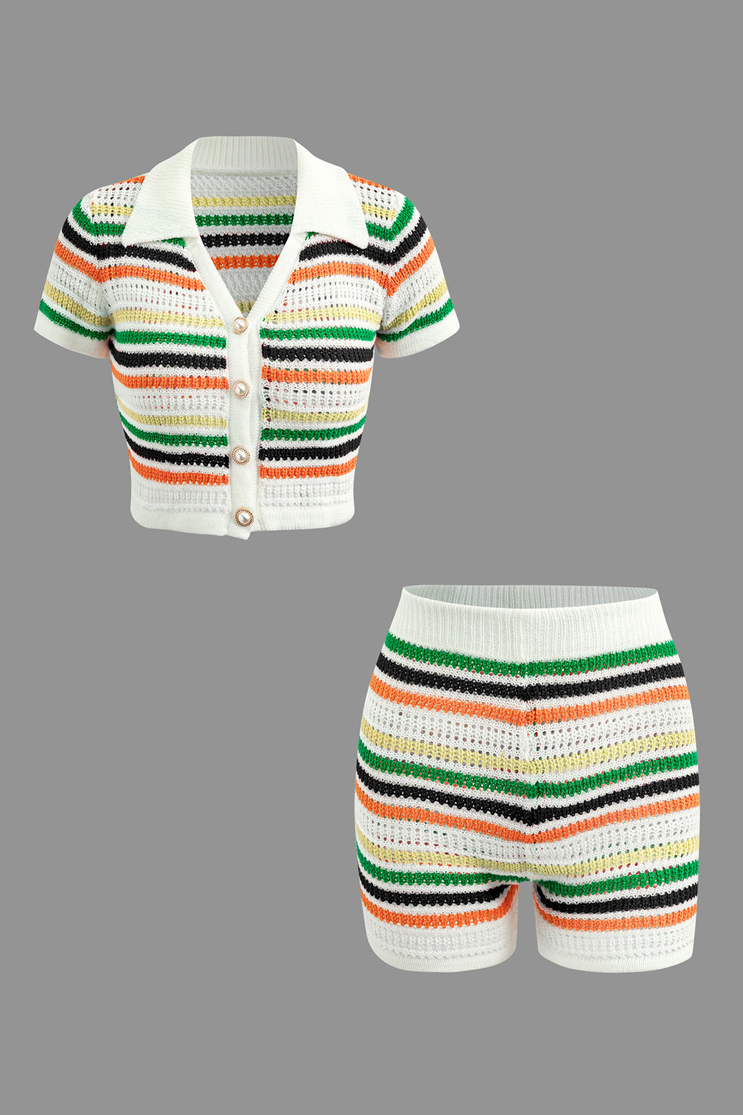 Stripe Knit Pearl Button Collar Top And Shorts Set