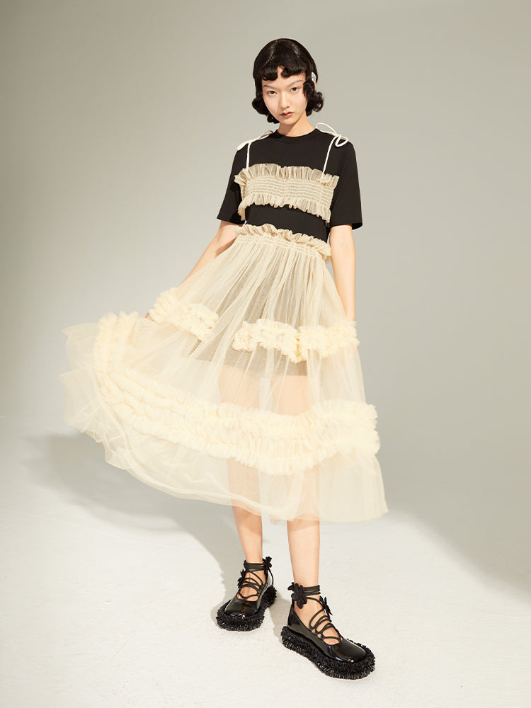 Fake Two-piece Mesh Stitching Lace Dress