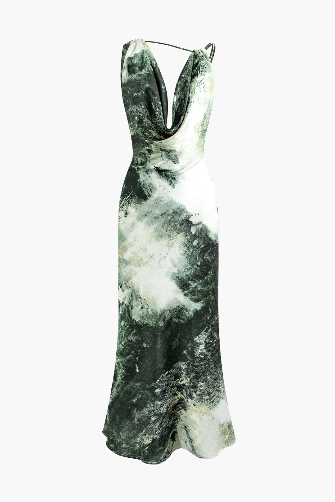 Tie Dye Asymmetric Cowl Neck Satin Maxi Dress