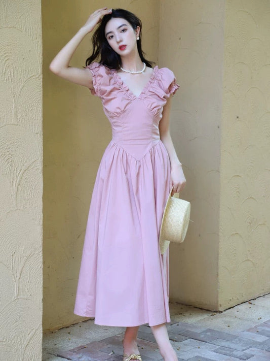 Puff Sleeve Pocket Maxi Dress in Pink