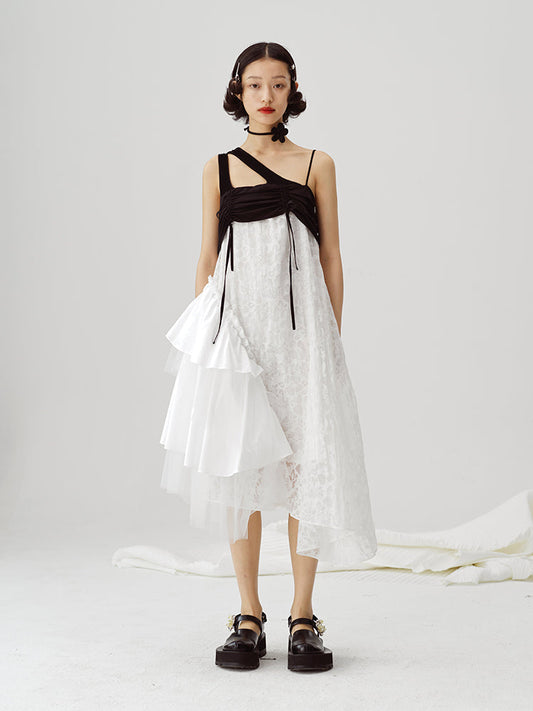 Black And White Irregular Suspender Dress