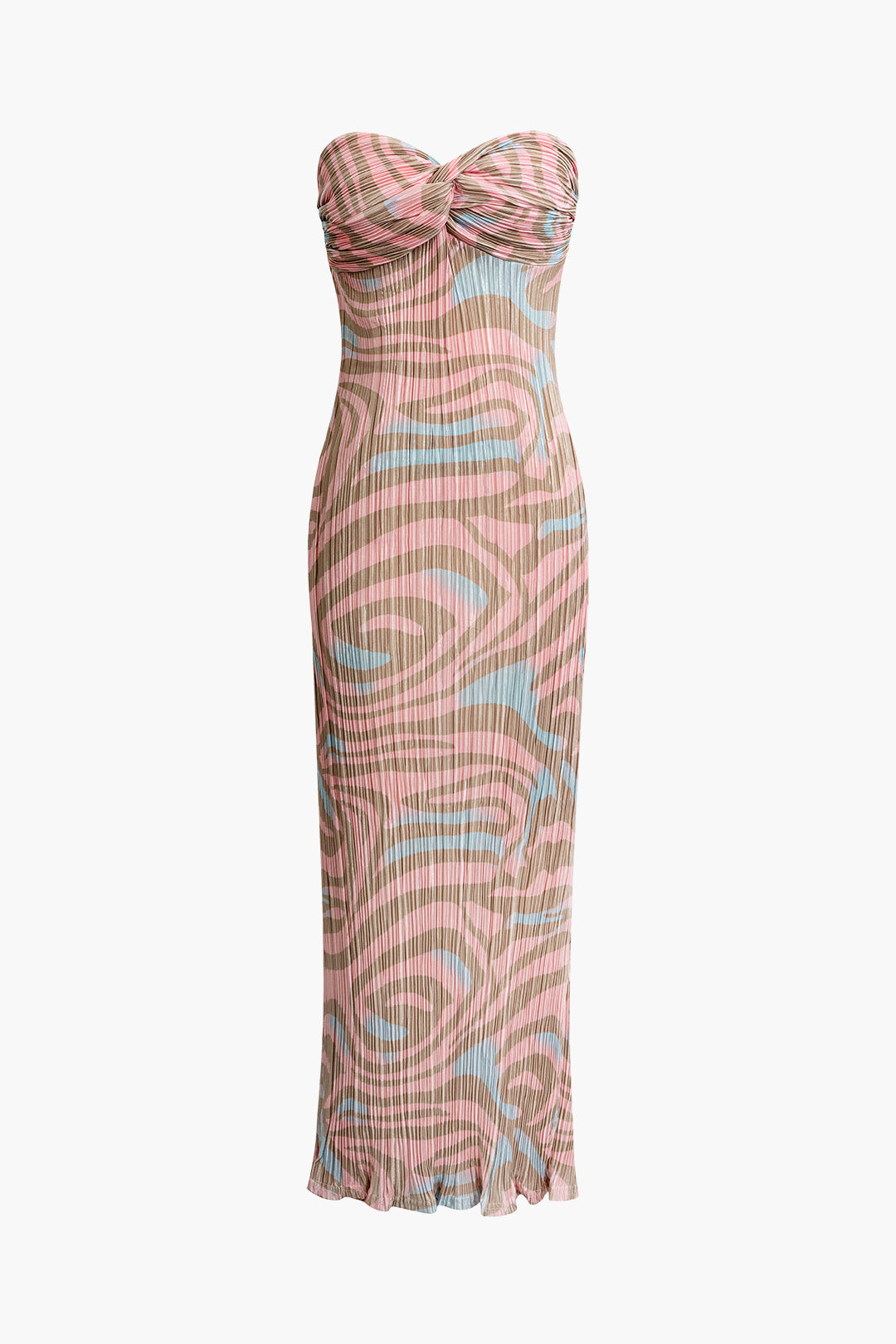 Abstract Print Plisse Strapless Maxi Dress