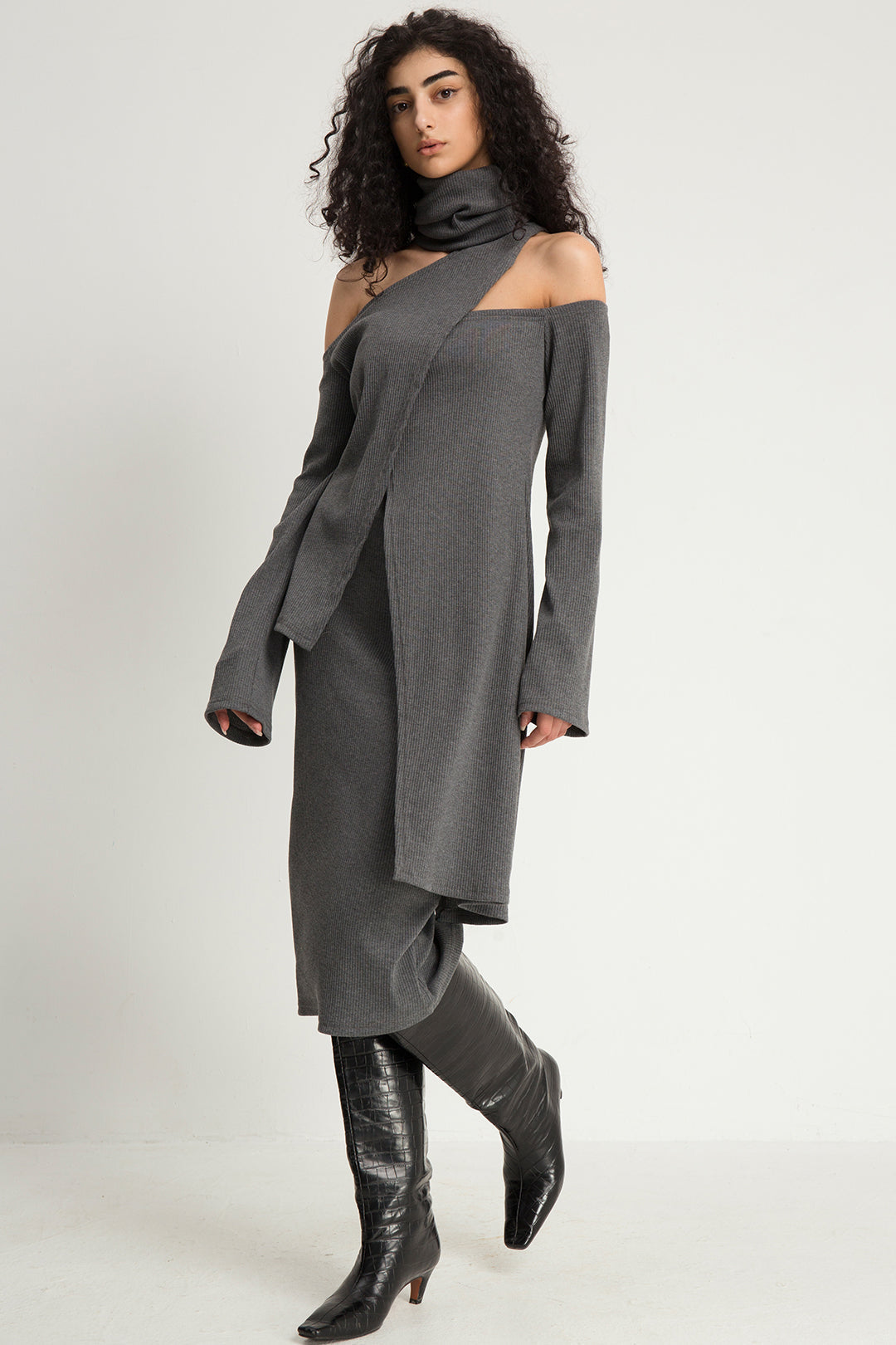 Asymmetric Knit Turtleneck Top And Midi Dress Set