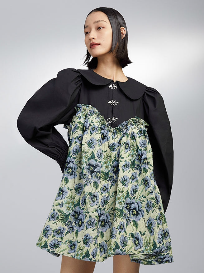 Doll Collar Floral High Waist Shirt Dress