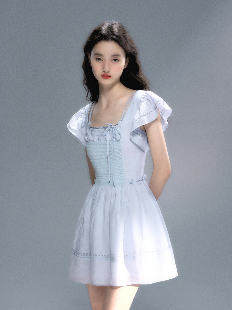 Flare-Sleeve Embroidery Ribbon Gather One-Piece