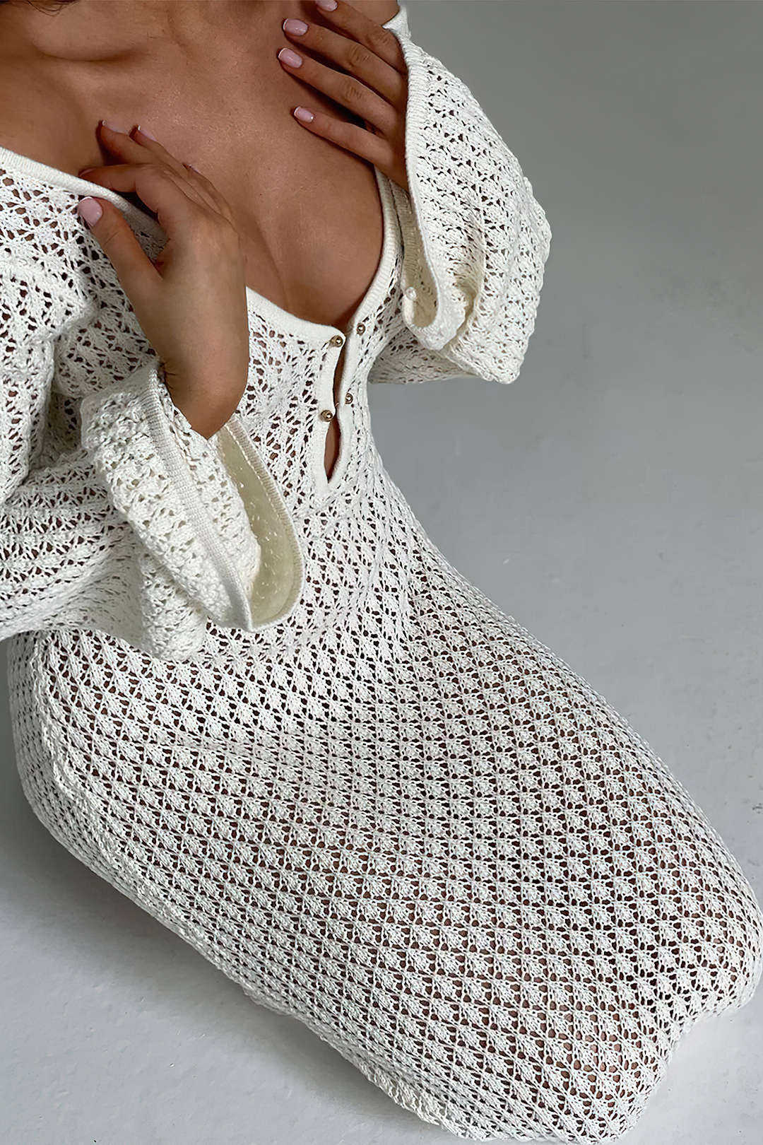 V-neck Open Knit Long Sleeve Maxi Dress