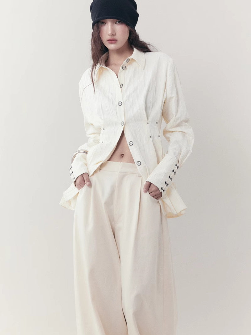 Curve Wrinkled Long-Cuffs Oversize Long-Shirt