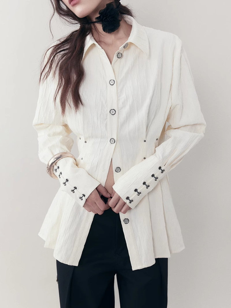 Curve Wrinkled Long-Cuffs Oversize Long-Shirt