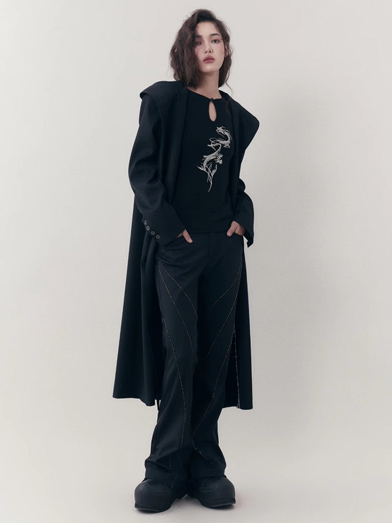 Hoodie Bi-Color Nichi Line Wool Long-Coat