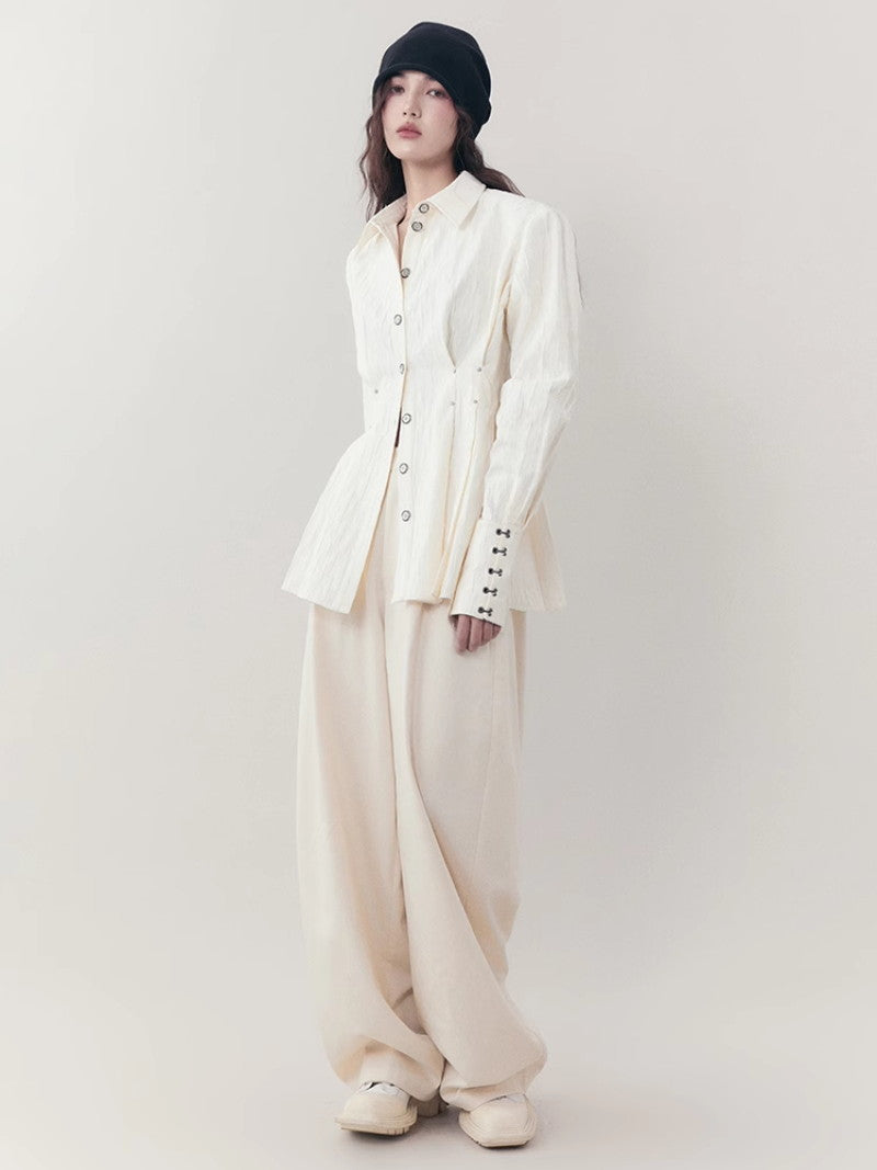 Curve Wrinkled Long-Cuffs Oversize Long-Shirt