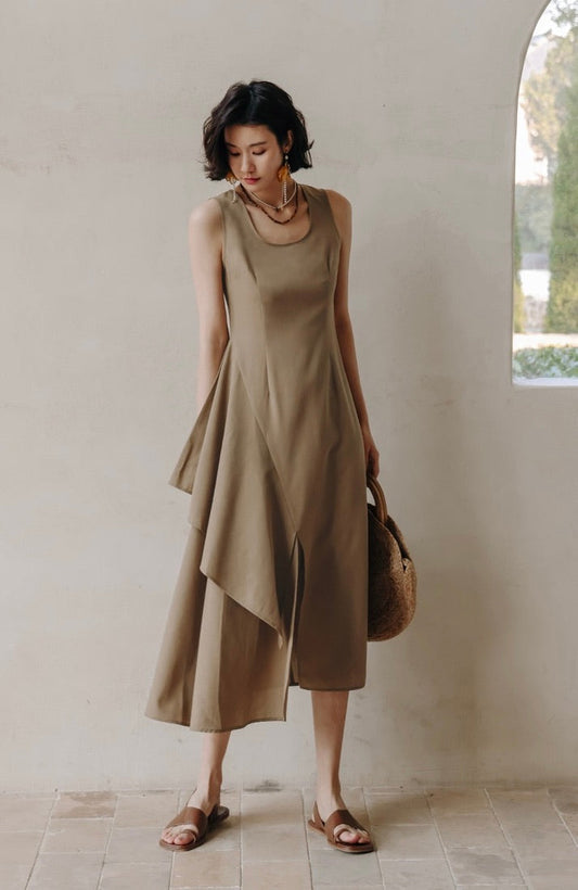 Asymmetric Layered Dress in Latte