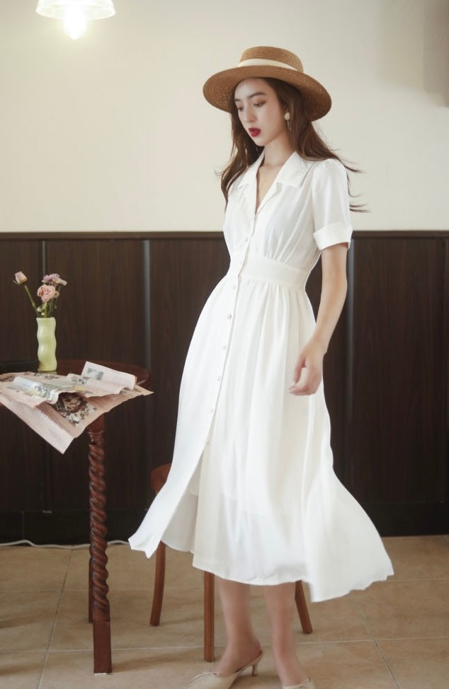 Collared Midi Summer Dress in White