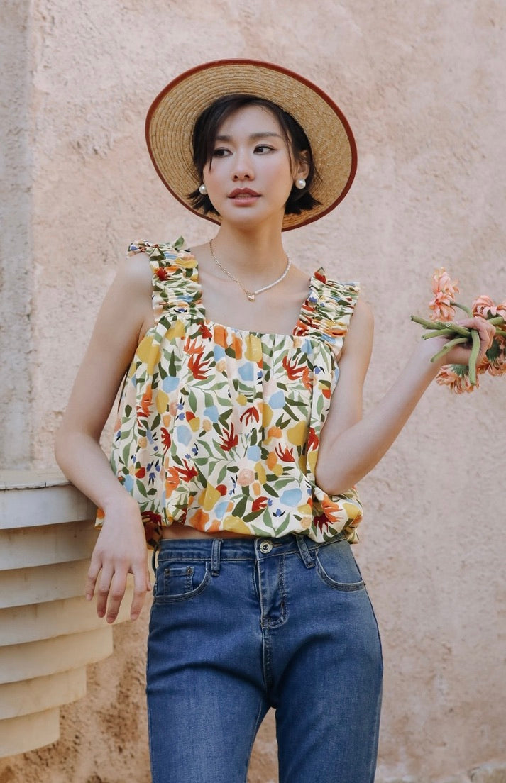 Floral Gathered Strap Bubble Top in Multi