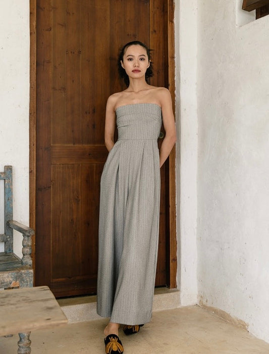 Off Shoulder Striped Pocket Maxi Jumpsuit in Grey