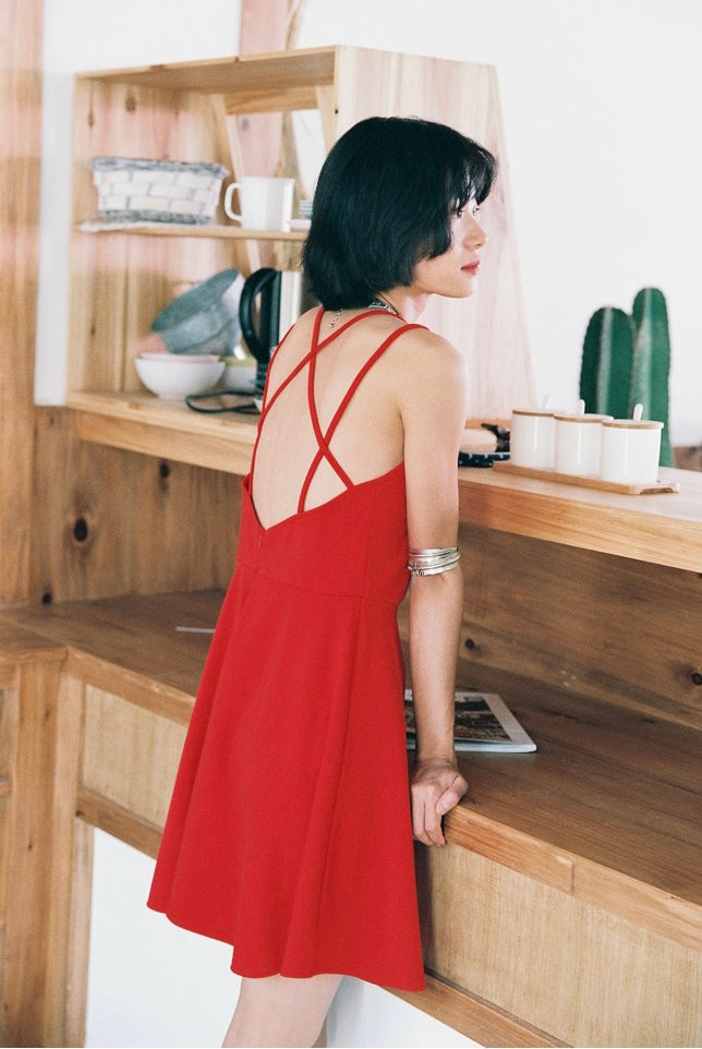 Criss Cross Back Skater Dress in Red