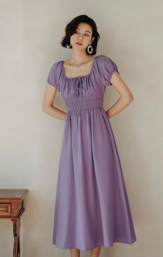 Puff Sleeve Smocked Flare Dress in Purple