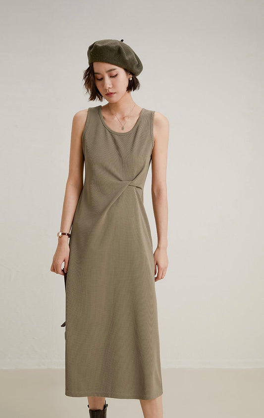 Twist Detail Sleeveless Dress in Khaki