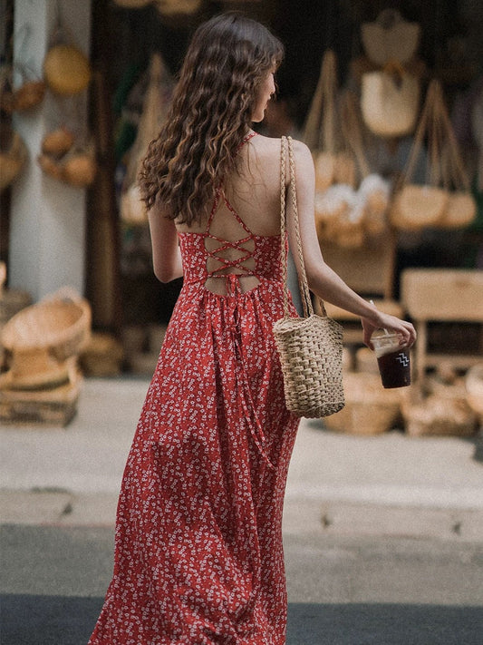 Criss Cross Tie Back Floral Maxi Dress in Red