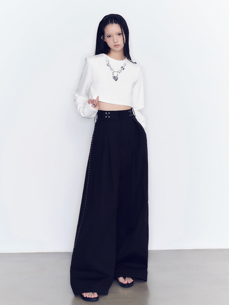 Wide-Leg Side-Embroidery Casual  Pants