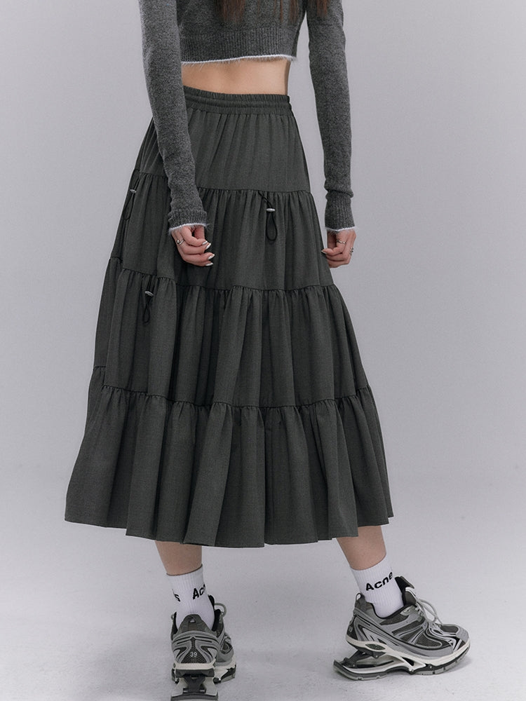 Tiered Pleaats Crumply Flare Drawstring Long-Skirt