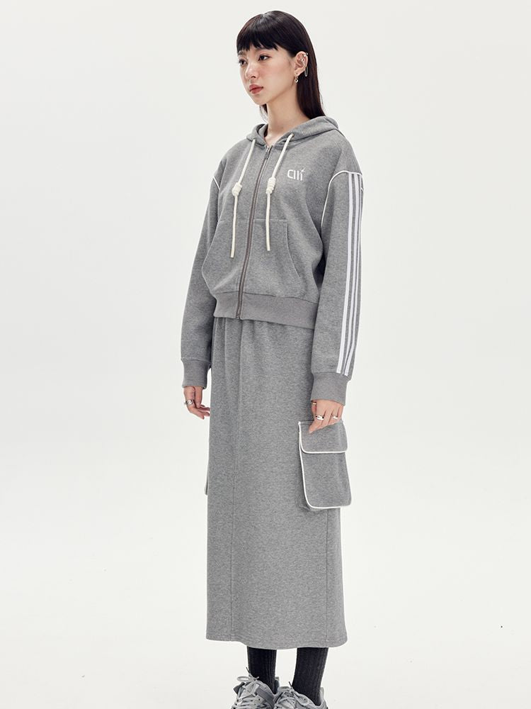 Sweat Casual Hoodie Parka＆Long-Skirt