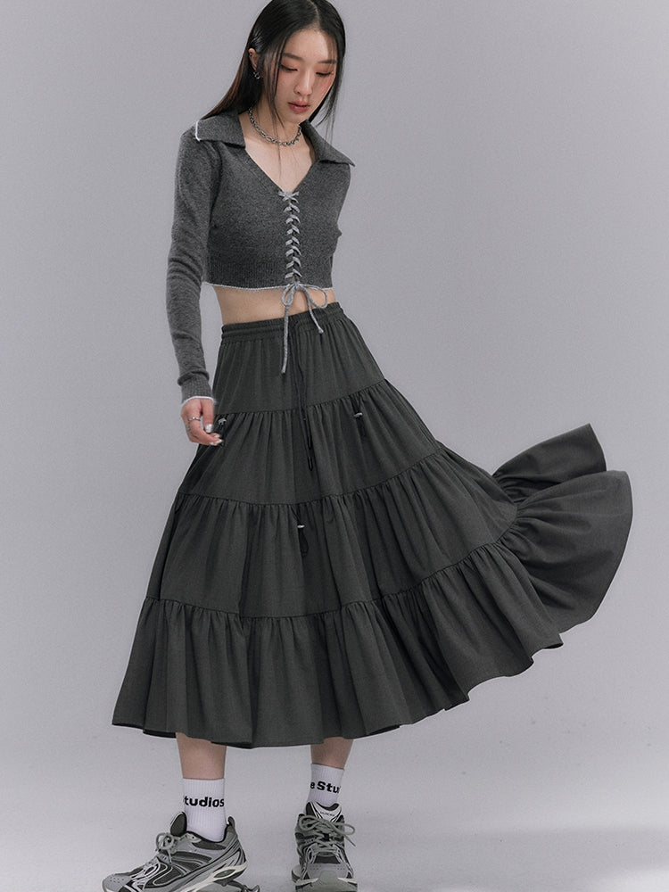 Tiered Pleaats Crumply Flare Drawstring Long-Skirt