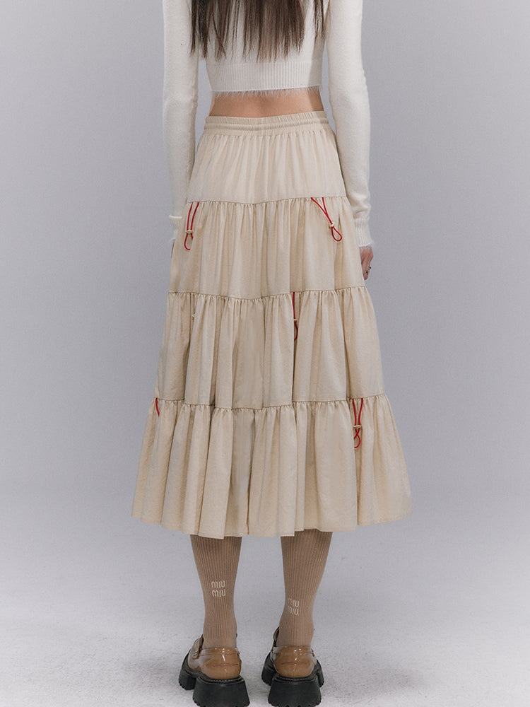 Tiered Pleaats Crumply Flare Drawstring Long-Skirt